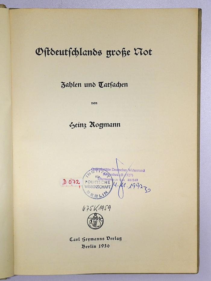 D 072 Rog : Ostdeutschlands große Not (1930)