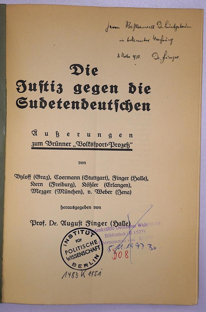 D 08 Jus : Die Justiz gegen die Sudetendeutschen (1933)