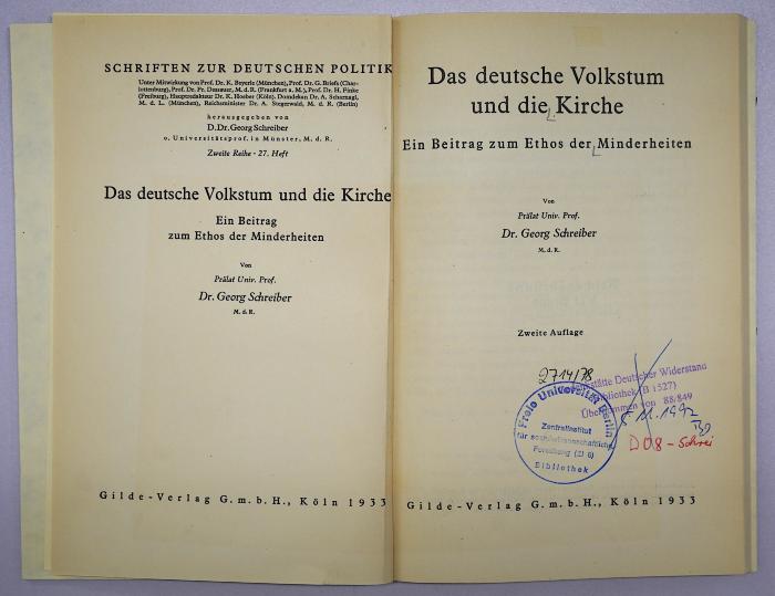 D 08 Schrei : Das deutsche Volkstum und die Kirche : ein Beitrag zum Ethos der Minderheiten (1933)