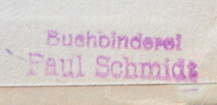G47 / 2075 (Buchbinderei Paul Schmidt), Stempel: Name, Buchbinder, Berufsangabe/Titel/Branche; 'Buchbinderei
Paul Schmidt'.  (Prototyp);III 60580 1887: Buchholzens in Italien : Reise-Abenteuer von Wilhelmine Buchholz / Frau Buchholz im Orient (1887-1888)