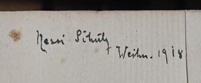 I 6103 2.Ex.: Geselligkeit : Sitten und Gebräuche der europäischen Welt 1789-1900 (1909);- (Schulz, Nessi), Von Hand: Autogramm, Name, Datum; 'Nessi Schulz
Weihn. 1918'. 