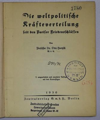 G 256 Hoe : Die weltpolitische Kräfteverteilung seit den Pariser Friedensschlüssen (1930)