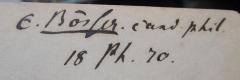 - (Bösser[?], E.), Von Hand: Autogramm, Name, Berufsangabe/Titel/Branche, Datum; 'E. Bösler. cand. phil.
18 VI. 70'. 