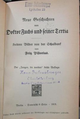Cm 8428 c: Neue Geschichten von Doktor Fuchs und seiner Tertia : Heitere Bilder von der Schulbank (1918)
