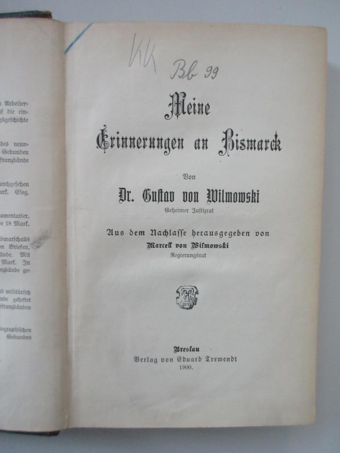 Od 3088 (ausgesondert) : Meine Erinnerungen an Bismarck.  (1900)