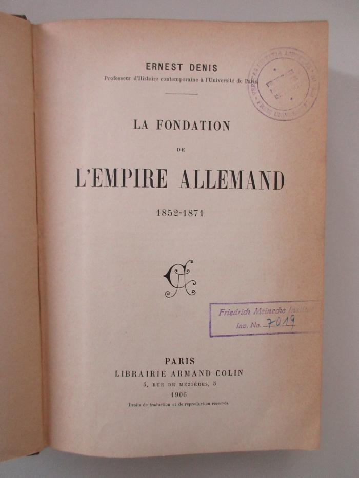 Od 272 (ausgesondert) : La fondation de l'empire allemand : 1852 - 1871 (1906)