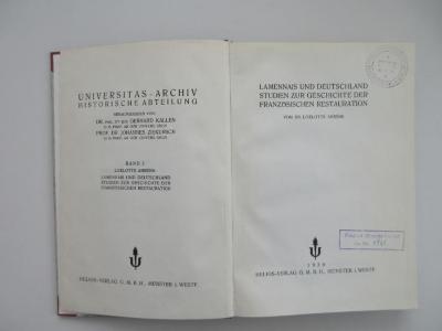 Oc 910 (ausgesondert) : Lamennais und Deutschland : Studien zur Geschichte der Französischen Restauration (1930)