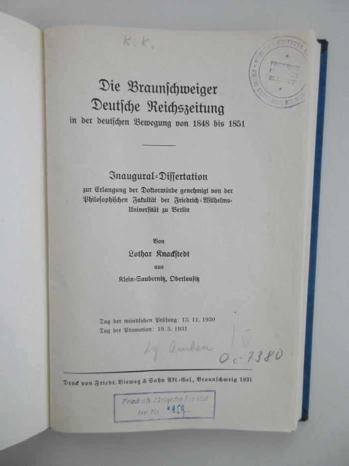 Oc 7380 (ausgesondert) : Die Braunschweiger Deutsche Reichszeitung in der deutschen Bewegung von 1848 bis 1851 (1931)