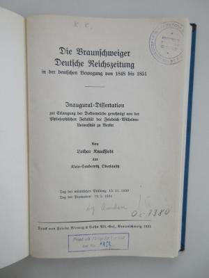 Oc 7380 (ausgesondert) : Die Braunschweiger Deutsche Reichszeitung in der deutschen Bewegung von 1848 bis 1851 (1931)