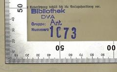 - (Deutsche Verlags-Anstalt), Stempel: Exlibris; 'Bibliothek DVA Gruppe Ant. Nr: [...]
'.  (Prototyp)