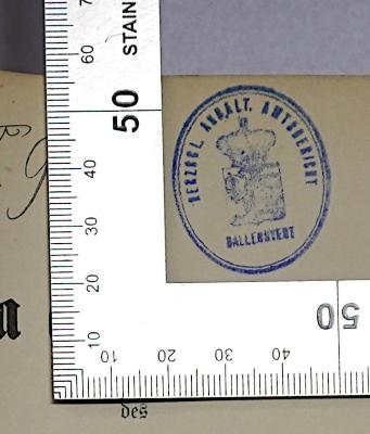 R 23 Lab-1<2> und -2<2> : Das Staatsrecht des Deutschen Reiches. 1. und 2. Band (1888, 1891);- (Herzoglich Anhaltinisches Amtsgericht Ballenstedt), Stempel: Name, Berufsangabe/Titel/Branche, Ortsangabe, Wappen; 'Herzogl. Anhalt. Amtsgericht Ballenstedt'. 