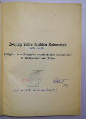 W 933 Jah : Zwanzig Jahre deutscher Kulturarbeit. Tätigkeit und Aufgaben neupreußischer Kolonisation in Westpreußen und Posen (1907)