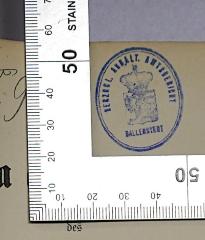 - (Herzoglich Anhaltinisches Amtsgericht Ballenstedt), Stempel: Name, Berufsangabe/Titel/Branche, Ortsangabe, Wappen; 'Herzogl. Anhalt. Amtsgericht Ballenstedt'. 