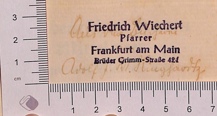 - (Ringhardtz, Adolf J. W.), Von Hand: Name, ; 'Aus der Bücherei von Adolf J. W. Ringhardtz [überstempelt]'.  (Prototyp)