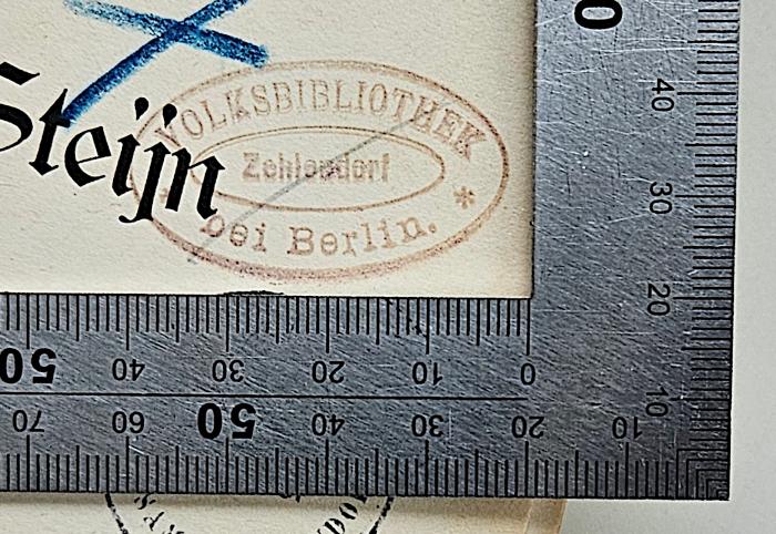 2 F 102-3,1/2 : Präsident Steijn. Ein Lebensbild 1. Präsident Steijn und die Freistaater (1902);- (Volksbücherei Zehlendorf), Stempel: Berufsangabe/Titel/Branche, Ortsangabe; 'Volksbibliothek Zehlendorf bei Berlin'. 