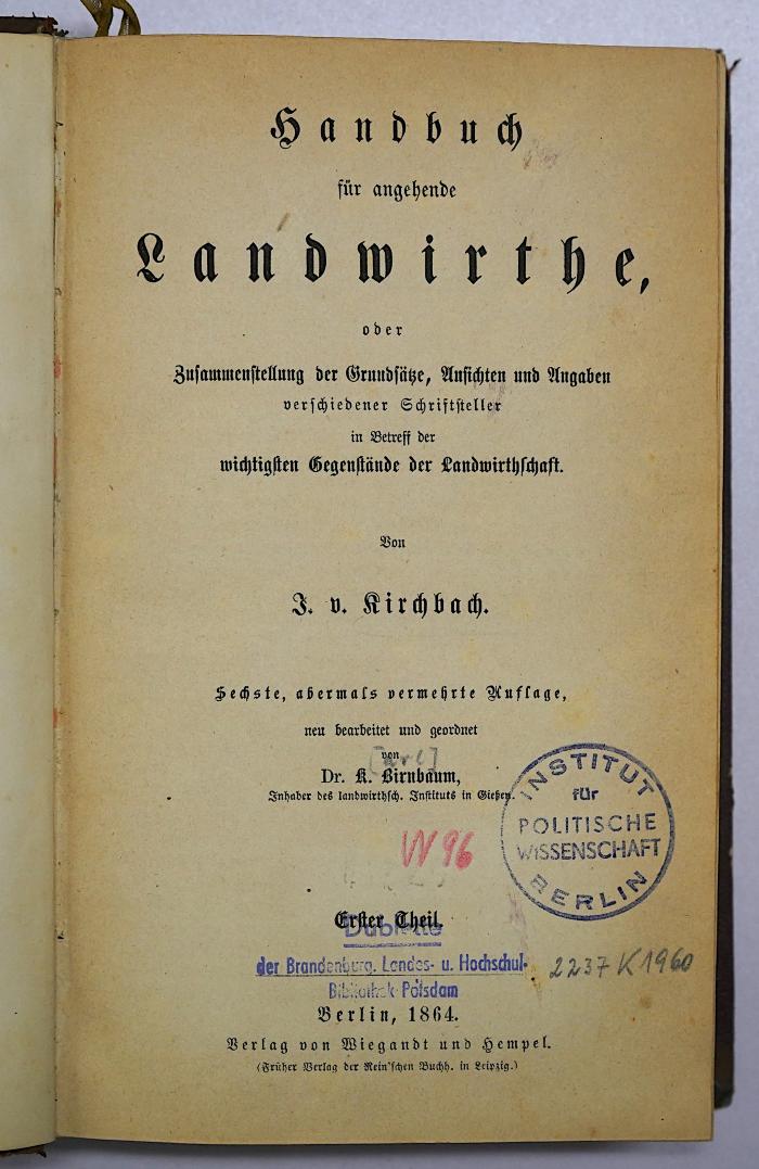 W 96 Kir-1(6) : Handbuch für angehende Landwirthe, 1. Theil (1864)