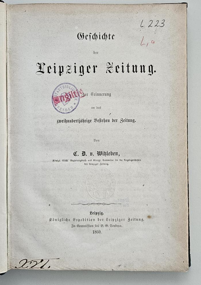 L 223 : Geschichte der Leipziger Zeitung (1860)