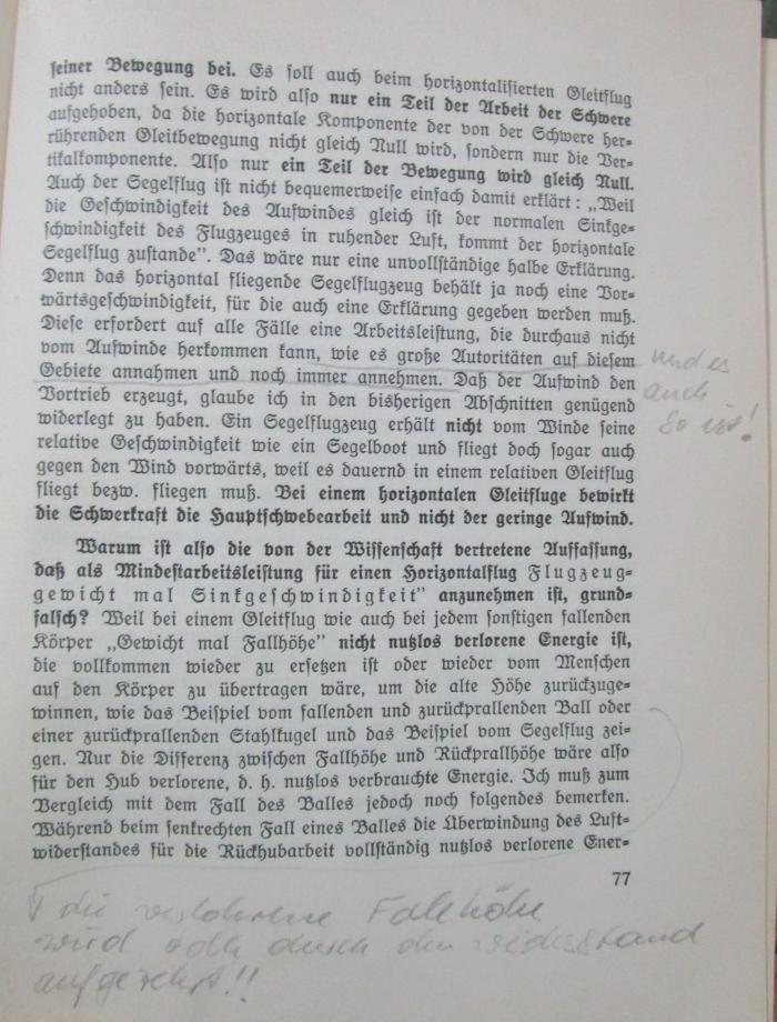 Kc 715 2.Ex.: Vom Vogelflug zum Menschenflug : Eine Untersuchung über die physikalischen Grundlagen des Vogelfluges und ein Beweis der Möglichkeit des Menschanfluges (1940);- (unbekannt), Von Hand: Annotation. 