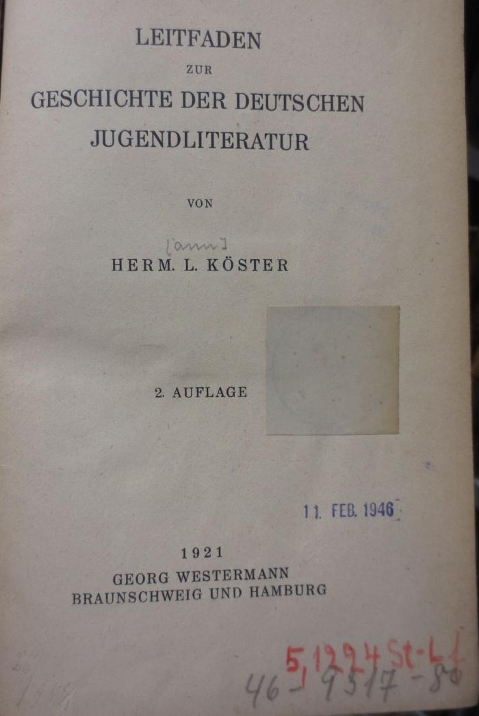 XIV 12305 b: Leitfaden zur Geschichte der deutschen Jugendliteratur (1921)