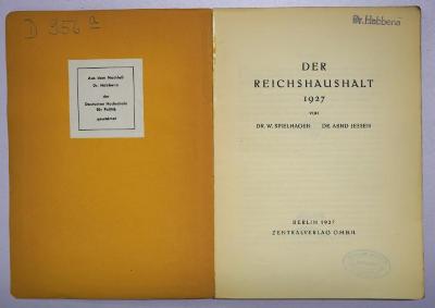 D 956a : Der Reichshaushalt 1927 (1927)