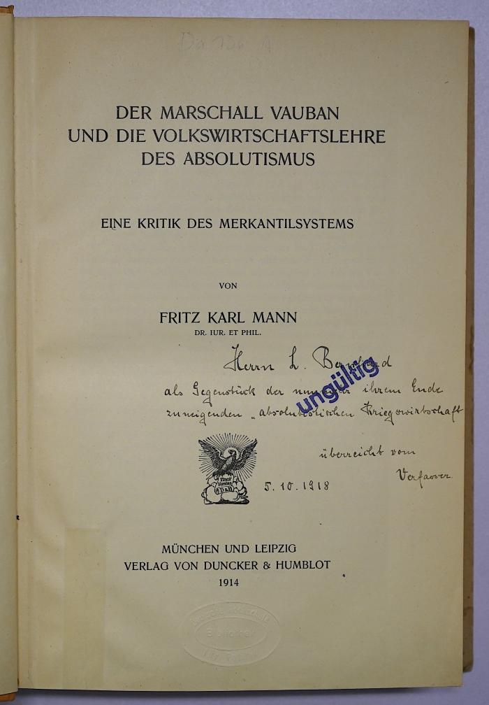 Da 156 : Der Marschall Vauban und die Volkswirtschaftslehre des Absolutismus (1914)