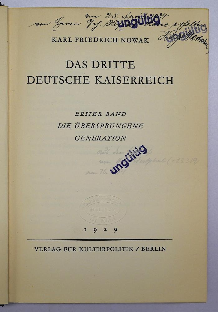 G 750-1 u. 2 : Das dritte Deutsche Kaiserreich. Band 1 u. 2 (1929 u. 1931)