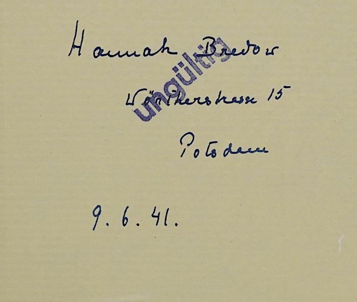 G 472 : Russische Gestalten (1940);- (Bredow, Hannah), Von Hand: Autogramm, Name, Datum, Ortsangabe; 'Hannah Bredow Wörtherstrasse 15 Potsdam 9.6.41.'. 