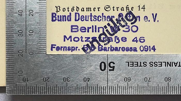 G 893 : Deutsch oder slawisch? (1928);- (Bund Deutscher Osten), Stempel: Berufsangabe/Titel/Branche, Name, Ortsangabe; 'Bund Deutscher Osten e.V. Berlin W 30 Motzstraße 46 Fernspr. B 8 Barbarossa 0914'. 