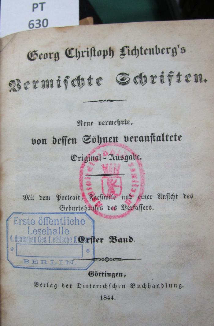  Georg Christoph Lichtenberg's Vermischte Schriften. Erster Band. (1844)