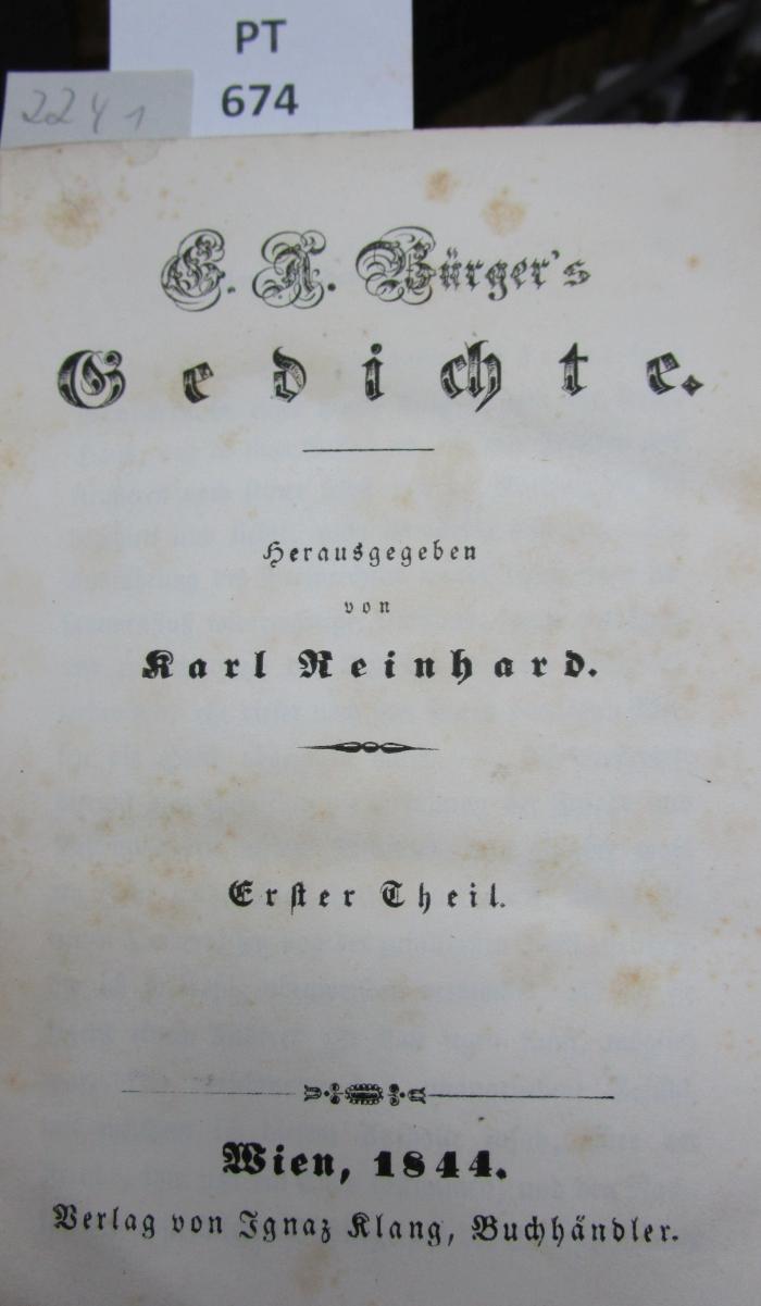  G. A. Bürger's Gedichte. Erster Theil. (1844)