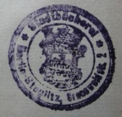 G45 / 593 (Städtische Volksbücherei (Berlin-Steglitz)), Stempel: Berufsangabe/Titel/Branche, Name, Ortsangabe, Wappen; 'Stadtbücherei Berlin-Steglitz Grunewaldstr. 2'.  (Prototyp)