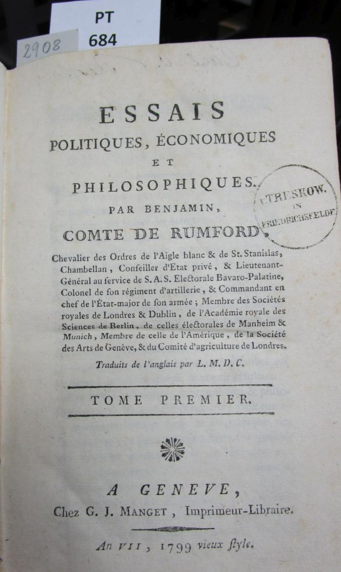  Essais politiques, économiques et philosophiques. Tome premier (1799)