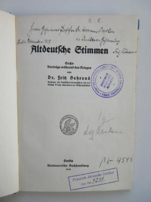 Pc 4545 (ausgesondert) : Altdeutsche Stimmen : Sechs Vorträge während des Krieges (1916)