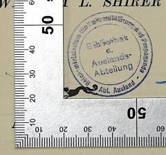 - (Reichsministerium für Volksaufklärung und Propaganda - Abt. Ausland - Bibliothek der Auslands-Abteilung), Stempel: Berufsangabe/Titel/Branche, Name; 'Reichsministerium für Volksaufklärung und Propaganda - Abt. Ausland - Bibliothek d. Auslands-Abteilung'. 