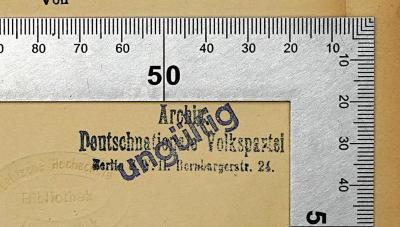 Ga 431 : Die Friedensbedingungen (1919);-, Stempel: Berufsangabe/Titel/Branche, Ortsangabe; 'Archiv Deutschnationale Volkspartei Berlin SW 11. Bernburgerstr. 24'