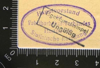 - (Verband der Fabrikarbeiter Deutschlands. Statistische Abteilung), Stempel: Berufsangabe/Titel/Branche; 'Hauptvorstand des Fabrikarbeiter-Verbandes Hannover Statistische Abteilung'.  (Prototyp)