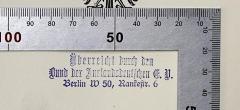 - (Bund der Auslandsdeutschen E.V.), Stempel: Name, Besitzwechsel, Berufsangabe/Titel/Branche, Ortsangabe; 'Überreicht durch den
Bund der Auslandsdeutschen E.V.
Berlin W 50, Rankestr. 6'. 