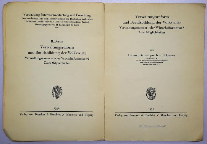 D 51 : Verwaltungsreform und Berufsbildung der Volkswirte (1930)