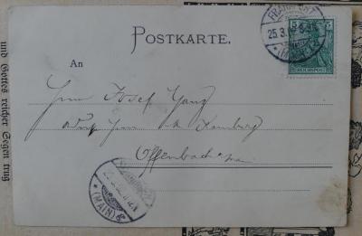 - (?, Berthold;Kamberg, M. ;Ganz, Josef), Post: ; '[An]
Herrn Josef Ganz
Adresse Herrn M Kamberg [?]
Offenbach / Main

Lieber Josef!
Wir sind heute nicht nach Mainz [.] [W]wenn das Wetter besser ist so fahren wir morgen hin. Viele Grüße und Küsse für den l. Großpapa und für dich. Von deiner Mama [:]

L. Josef. Ich habe heute Nacht sehr gut in deinem Bett geschlafen. Kuß Berthold
'. 