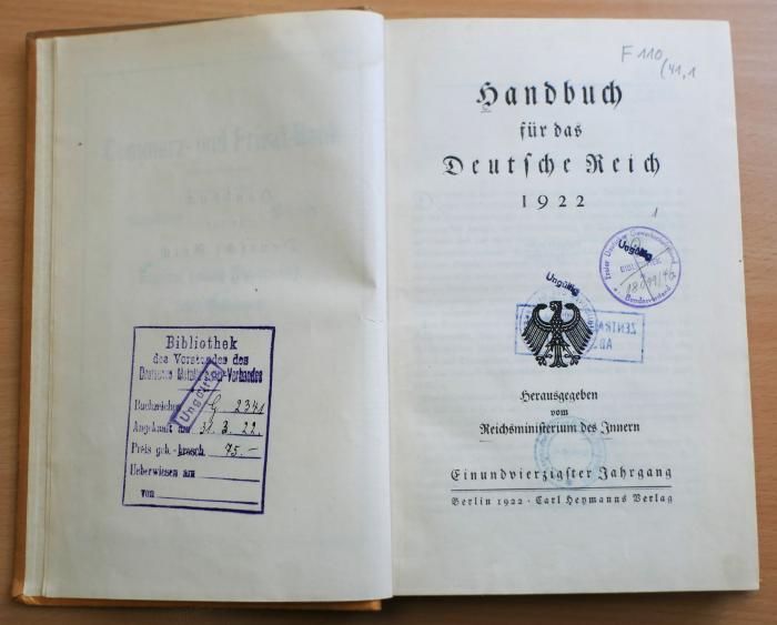 F 110.41,1 : Handbuch für das Deutsche Reich : auf das Jahr ... - 41.1922. – Berlin : Heymanns, 1922 (1922)