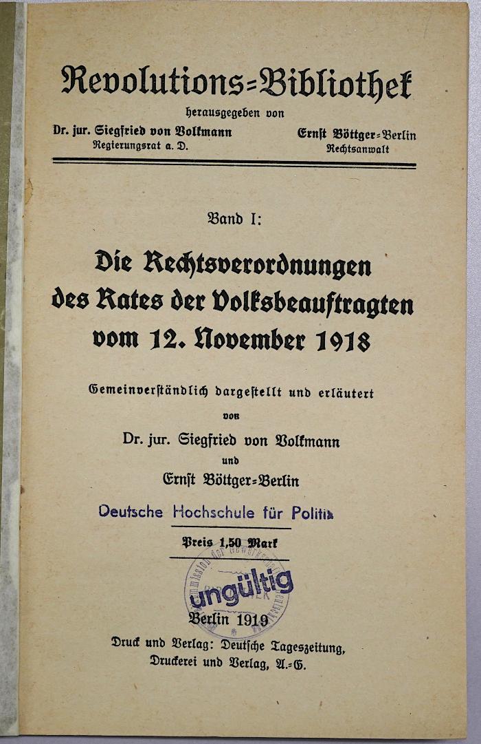 Ges 318 : Die Rechtsverordnungen des Rates der Volksbeauftragten vom 12. November 1918 (1919)