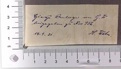 - (Weisstein, Gotthilf), Etikett: Name, Notiz, Autogramm; '"Hierzu Anlage von G.W. beigegeben zu Nro 956. 18.9.21. H. Wstn", Spiegel'. 