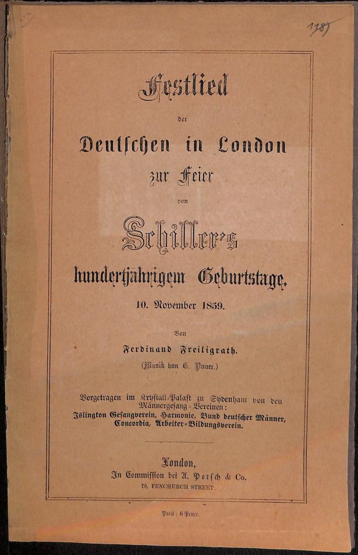DLIT5549(4):29 : Festlied der Deutschen in London zur Feier von Schiller's hundertjährigem Geburtstage (1859)