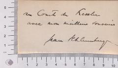 - (Schlumberger, Jean;Kessler, Harry Graf), Von Hand: Widmung; 'au Comte de Kessler avec mon meilleur souvenir Jean Schlumberger'. 