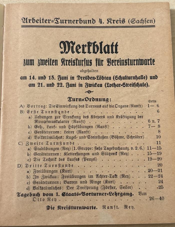 1936 A 15518 : Merkblatt zum zweiten Kreiskursus für Vereinsturnwarte, abgehalten am 14. und 15. Juni in Dresden-Löbtau (Schulturnhalle) und am 21. und 22. Juni in Zwickau (Lothar-Streitschule) (1919)