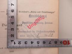 - (Handbücherei der Preußischen Regierung Potsdam), Stempel: Berufsangabe/Titel/Branche, Nummer; 'Handbücherei der Preußischen Regierung Potsdam vereinnahmt im Bücherverzeichnis unter Abschn. I Nr. 34'.  (Prototyp)