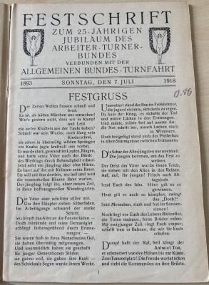 1936 A 15507 : Festschrift zum 25-jährigen Jubiläum des Arbeiter-Turner-Bundes verbunden mit der allgemeinen Bundes-Turnfahrt: 1893-1918
 (1918)