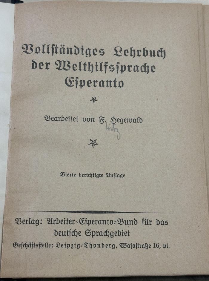 1936 A 15512 : Vollständiges Lehrbuch der Welthilfssprache Esperanto 
 (1922)