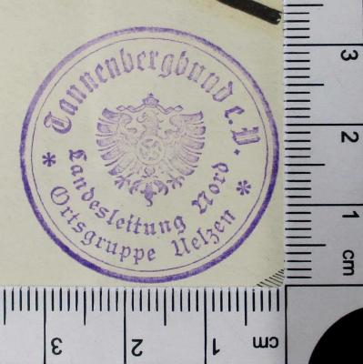 - (Tannenbergbund e.V.), Stempel: Exlibris; 'Tannenbergbund e.V. Landesleitung Nord Ortsgruppe Welzen'. 