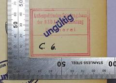 - (Außenpolitisches Schulungshaus der NSDAP Reichsleitung Bücherei), Stempel: Berufsangabe/Titel/Branche; 'Außenpolitisches Schulungshaus der NSDAP Reichsleitung Bücherei'.  (Prototyp)